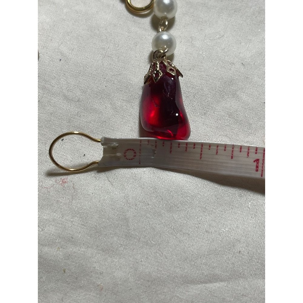 Beaded White Faux Pearl and Red Gem Stone Gold Tone Dangle Clip-On Earrings - Picture 10 of 11